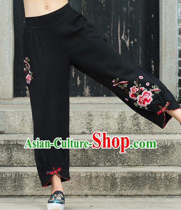 Traditional Chinese National Costume Loose Pants, Elegant Hanfu Embroidery Peony Black Bloomers, China Ethnic Minorities Folk Dance Tang Suit Pantalettes for Women