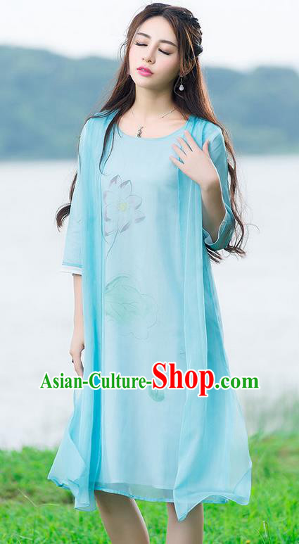 Traditional Ancient Chinese National Costume, Elegant Hanfu Painting Flowers Blue Dress, China Tang Suit National Minority Dance Elegant Dress Clothing for Women