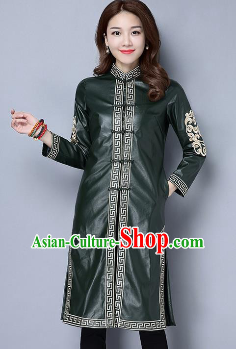 Traditional Ancient Chinese National Costume, Elegant Hanfu Stand Collar Green PU Coat Robes, China Tang Suit Plated Buttons Cape, Upper Outer Garment Dust Coat Clothing for Women