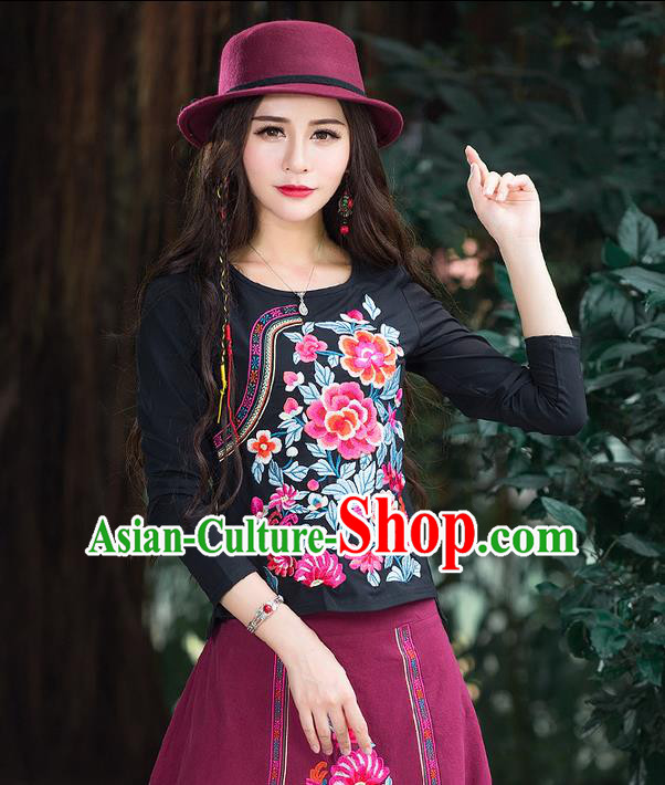 Traditional Chinese National Costume, Elegant Hanfu Embroidery Flowers Slant Opening Black T-Shirt, China Tang Suit Republic of China Blouse Cheongsam Upper Outer Garment Qipao Shirts Clothing for Women