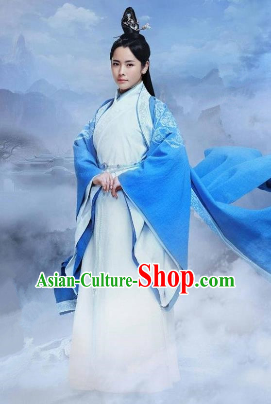 Traditional Ancient Chinese Elegant Swordsman Costume, Chinese Han Dynasty Taoist Nun Dress, Cosplay Chinese Television Drama Jade Dynasty Qing Yun Faction Peri Hanfu Trailing Embroidery Clothing for Women