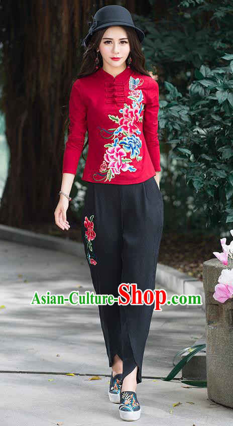 Traditional Chinese National Costume, Elegant Hanfu Embroidery Peony Flowers Stand Collar Red T-Shirt, China Tang Suit Republic of China Blouse Cheongsam Upper Outer Garment Qipao Shirts Clothing for Women