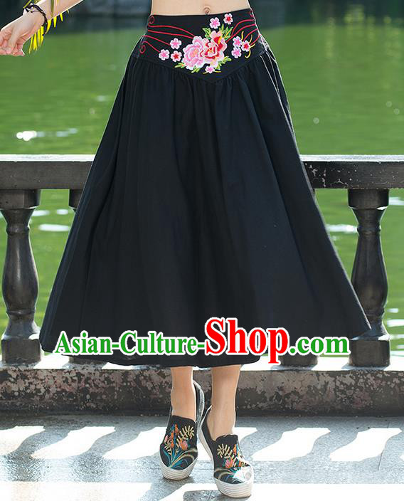 Traditional Ancient Chinese National Pleated Skirt Costume, Elegant Hanfu Embroidery Flowers Belt Long Black Skirt, China Tang Suit Bust Skirt for Women