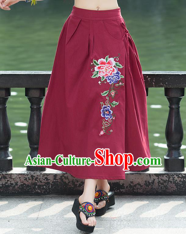 Traditional Ancient Chinese National Pleated Skirt Costume, Elegant Hanfu Embroidery Peony Flowers Long Red Linen Skirt, China Tang Suit Bust Skirt for Women