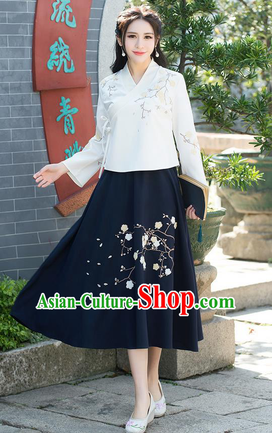Traditional Ancient Chinese National Pleated Skirt Costume, Elegant Hanfu Embroidery Wintersweet Flowers Long Navy Skirt, China Tang Suit Bust Skirt for Women