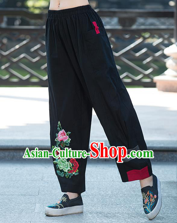 Traditional Chinese National Costume Plus Fours, Elegant Hanfu Embroidery Peony Black Bloomers, China Ethnic Minorities Folk Dance Tang Suit Pantalettes for Women