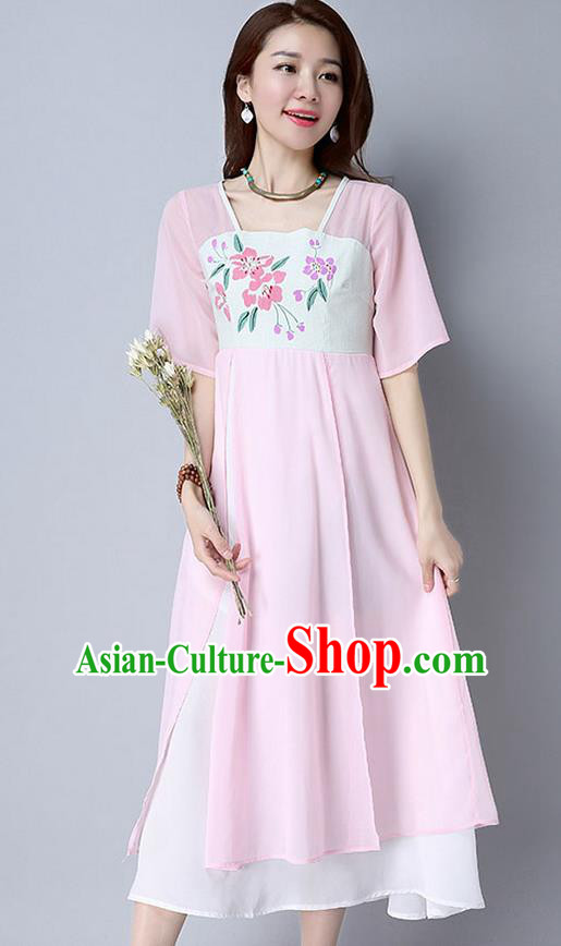 Traditional Ancient Chinese National Costume, Elegant Hanfu Chiffon Printing Flowers Pink Dress, China Tang Suit Chirpaur Cheongsam Elegant Dress Clothing for Women