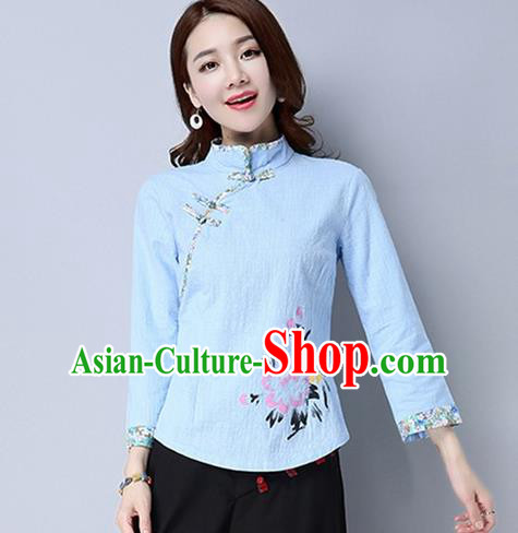 Traditional Chinese National Costume, Elegant Hanfu Painting Peony Flowers Slant Opening Blue Shirt, China Tang Suit Republic of China Plated Buttons Blouse Cheongsam Upper Outer Garment Qipao Shirts Clothing for Women