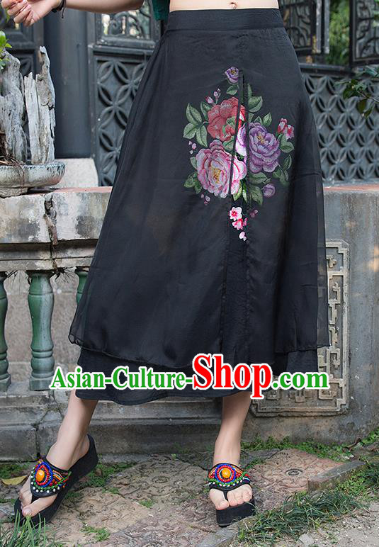 Traditional Ancient Chinese National Pleated Skirt Costume, Elegant Hanfu Embroidery Peony Flowers Double-deck Long Black Skirt, China Tang Suit Bust Skirt for Women