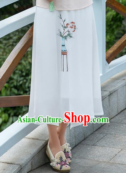Traditional Ancient Chinese National Pleated Skirt Costume, Elegant Hanfu Hand Painting Flowers Long White Skirt, China Tang Suit Bust Skirt for Women