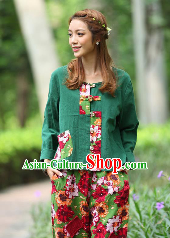 Traditional Chinese National Costume, Elegant Hanfu Patch Contrast Color Green T-Shirt, China Tang Suit Republic of China Plated Buttons Blouse Cheongsam Upper Outer Garment Qipao Shirts Clothing for Women