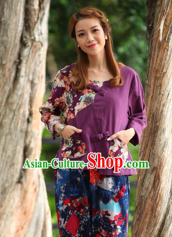 Traditional Chinese National Costume, Elegant Hanfu Joint Contrast Color Purple T-Shirt, China Tang Suit Republic of China Plated Buttons Blouse Cheongsam Upper Outer Garment Qipao Shirts Clothing for Women