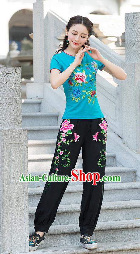 Traditional Chinese National Costume, Elegant Hanfu Embroidery Flowers Blue T-Shirt, China Tang Suit Republic of China Chirpaur Blouse Cheong-sam Upper Outer Garment Qipao Shirts Clothing for Women