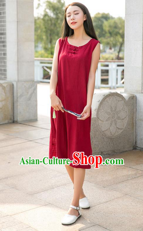 Traditional Ancient Chinese National Costume, Elegant Hanfu Mandarin Qipao Linen Red Dress, China Tang Suit Chirpaur Republic of China Plated Buttons Cheongsam Elegant Dress Clothing for Women