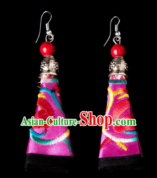 Traditional Chinese Miao Nationality Crafts, Hmong Handmade Miao Silver Embroidery Red Earrings Pendant, China Ethnic Minority Eardrop Accessories Earbob Pendant for Women