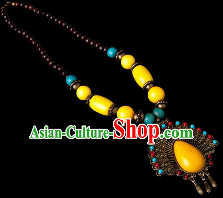 Traditional Chinese Zang Nationality Crafts, Hmong Handmade Tibet Yellow Sweater Chain, Tibetan Ethnic Minority Necklace Accessories Pendant for Women