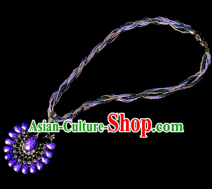 Traditional Chinese Dai Nationality Crafts, Yunan Handmade Purple Peacock Sweater Chain, China Dai Ethnic Minority Necklace Accessories Pendant for Women