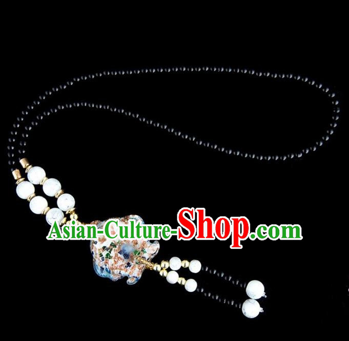 Traditional Chinese Nationality Crafts, Yunan Handmade Coloured Glaze Fish White Tassel Sweater Chain, China Ethnic Minority Necklace Accessories Pendant for Women