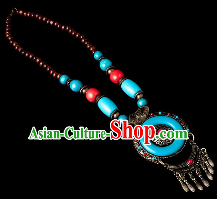 Traditional Chinese Zang Nationality Crafts, Hmong Handmade Tibet Blue Tassel Sweater Chain, Tibetan Ethnic Minority Necklace Accessories Pendant for Women
