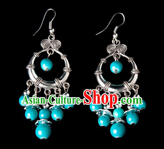 Traditional Chinese Miao Nationality Crafts, Yunnan Hmong Handmade Blue Beads Tassel Earrings Pendant, China Ethnic Minority Eardrop Accessories Earbob Pendant for Women