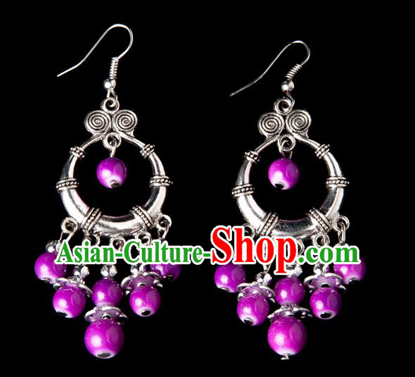 Traditional Chinese Miao Nationality Crafts, Yunnan Hmong Handmade Rose Beads Tassel Earrings Pendant, China Ethnic Minority Eardrop Accessories Earbob Pendant for Women