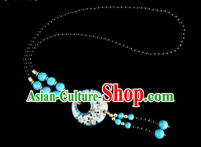 Traditional Chinese Miao Nationality Crafts, China Handmade Beads Light Blue Coloured Glaze Sweater Chain, China Miao Ethnic Minority Necklace Accessories Pendant for Women