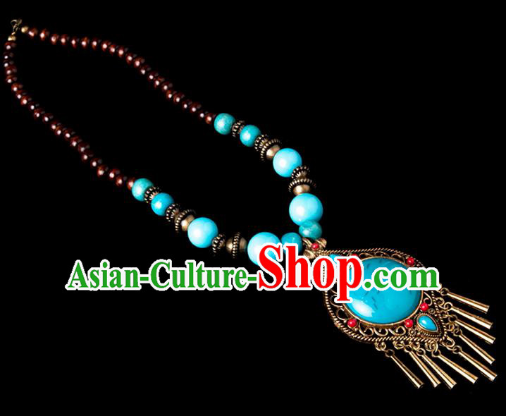 Traditional Chinese Zang Nationality Crafts, China Handmade Tibet Beads Blue Drop-shaped Tassel Sweater Chain, Tibetan Ethnic Minority Necklace Accessories Pendant for Women