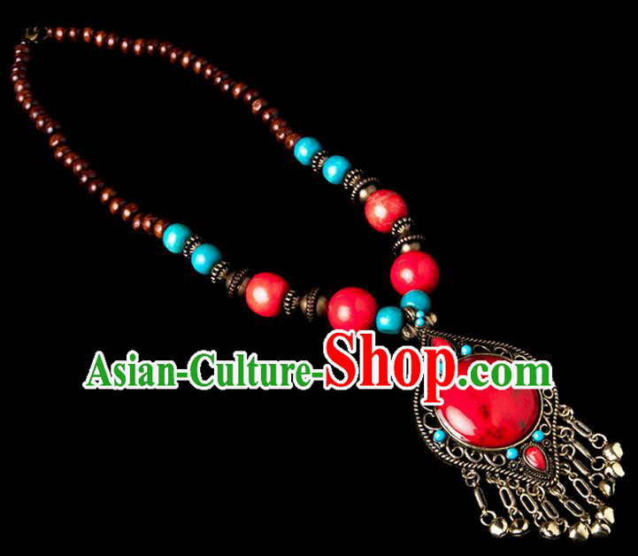 Traditional Chinese Zang Nationality Crafts, China Handmade Tibet Beads Red Drop-shaped Tassel Sweater Chain, Tibetan Ethnic Minority Necklace Accessories Pendant for Women