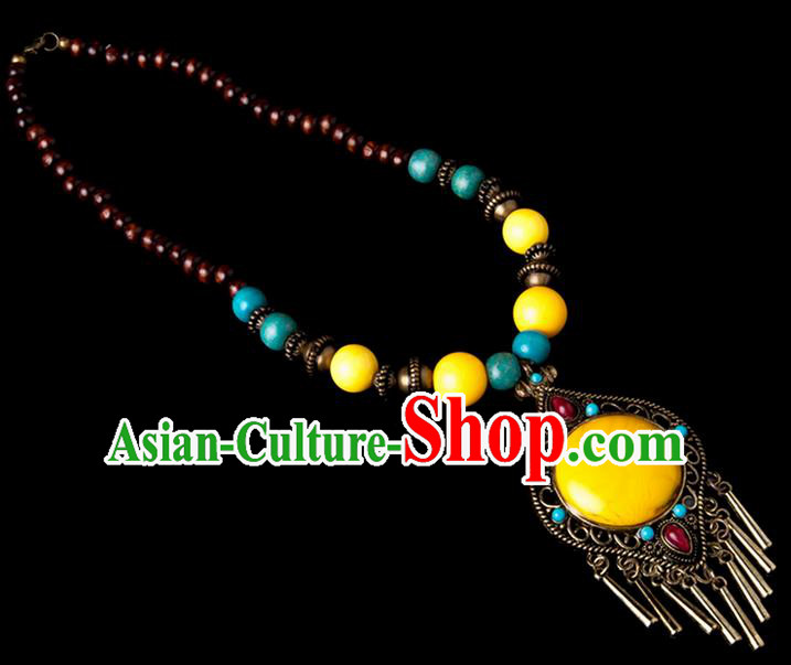 Traditional Chinese Zang Nationality Crafts, China Handmade Tibet Beads Yellow Drop-shaped Tassel Sweater Chain, Tibetan Ethnic Minority Necklace Accessories Pendant for Women