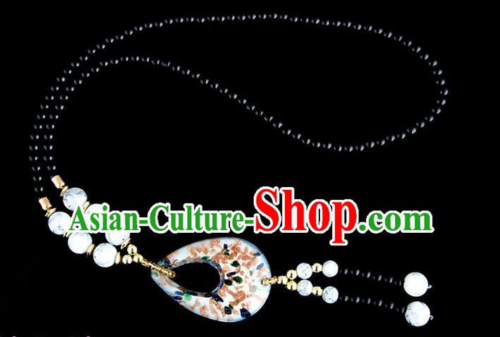 Traditional Chinese Zang Nationality Crafts, China Handmade Tibet Coloured Glaze Beads White Drop-shaped Tassel Sweater Chain, Tibetan Ethnic Minority Necklace Accessories Pendant for Women