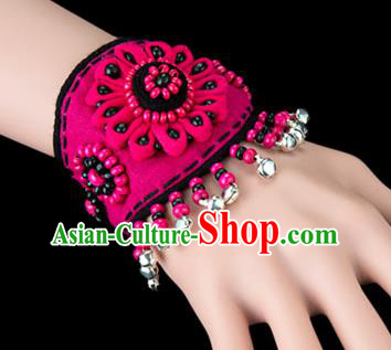 Traditional Chinese Miao Nationality Crafts, Yunan Hmong Handmade Flowers Bracelet Pink Cuff Bells Hand Decorative, China Miao Ethnic Minority Bangle Accessories for Women