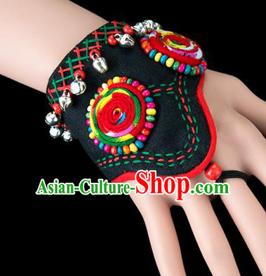 Traditional Chinese Miao Nationality Crafts, Yunnan Hmong Handmade Black Fabrics Bracelet Cuff Hand Decorative, China Miao Ethnic Minority Bangle Accessories for Women