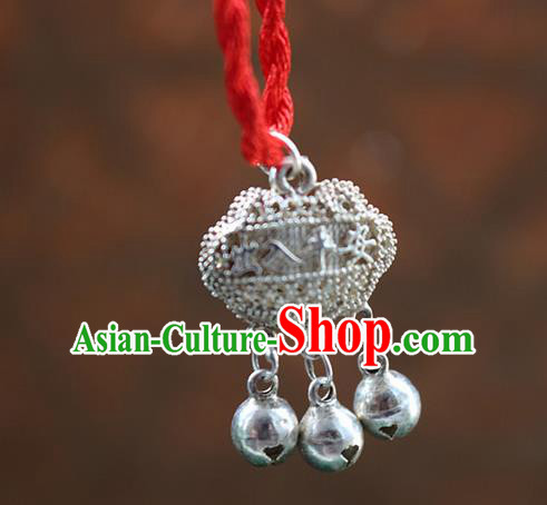 Traditional Chinese Miao Nationality Crafts Jewelry Accessory, Hmong Handmade Miao Silver Bells Longevity Lock Pendant, Miao Ethnic Minority Necklace Accessories Sweater Chain Pendant for Women