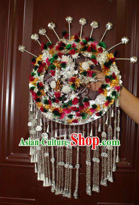 Traditional Chinese Miao Nationality Crafts Jewelry Accessory Hair Accessories, Hmong Handmade Miao Silver Palace Lady Headwear Hair Tuinga, Miao Ethnic Minority Hair Fascinators Hairpins Phoenix Coronet for Women
