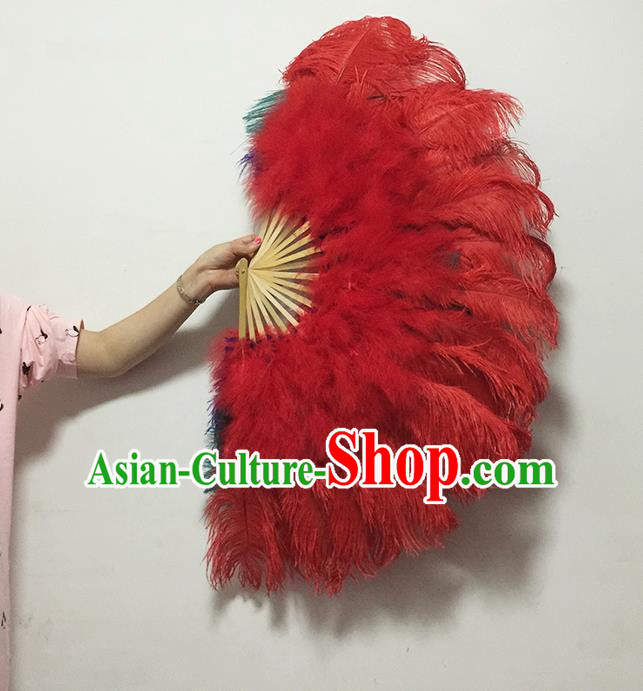 Traditional Handmade Chinese Classical Ostrich Feather Fans, China Folk Dance Fan Dance Stage Performance Red Fan for Women