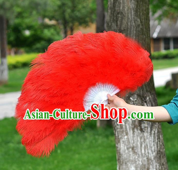 Traditional Handmade Chinese Classical Ostrich Feather Fans, China Folk Dance Fan Dance Stage Performance Large Size Red Fan for Women