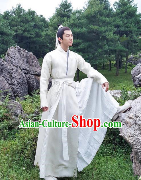 Traditional Ancient Chinese Nobility Childe Costume, Elegant Hanfu Male Lordling Dress, Cosplay Han Dynasty Scholar Clothing, China Swordsman White Clothing for Men