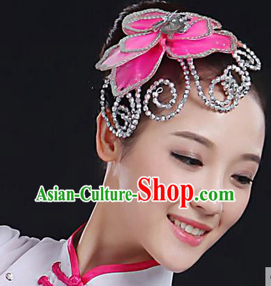 Traditional Handmade Chinese Yangge Fan Dancing Classical Hair Accessories, Folk Dance Yangko Peacock Dance Pink Flower Headwear For Women