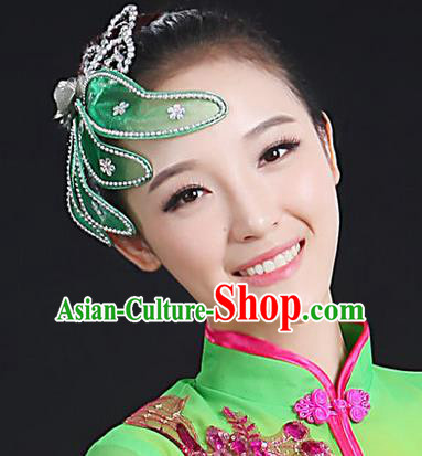 Traditional Handmade Chinese Yangge Fan Dancing Classical Hair Accessories, Folk Dance Yangko Peacock Dance Green Flower Headwear For Women