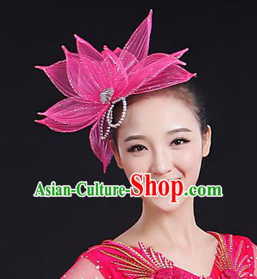 Traditional Handmade Chinese Yangge Fan Dancing Classical Hair Accessories, Folk Dance Yangko Peacock Dance Pink Lotus Flower Headwear For Women