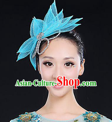 Traditional Handmade Chinese Yangge Fan Dancing Classical Hair Accessories, Folk Dance Yangko Peacock Dance Blue Lotus Flower Headwear For Women