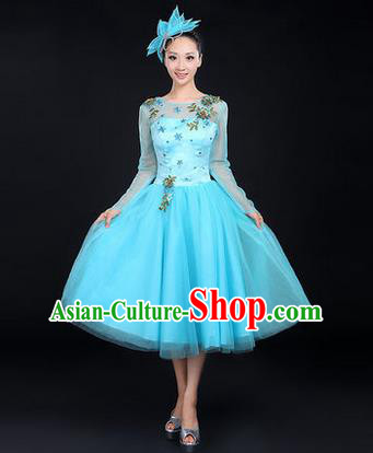 Traditional Chinese Modern Dancing Costume, Women Opening Dance Costume, Modern Dance Blue Bubble Dress for Women