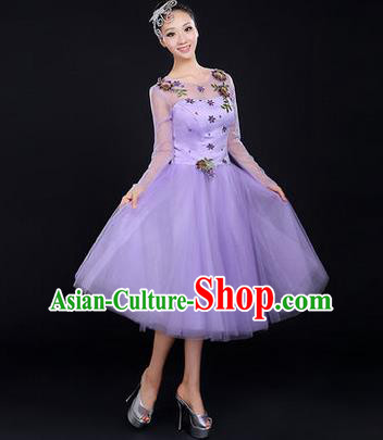 Traditional Chinese Modern Dancing Costume, Women Opening Dance Costume, Modern Dance Purple Bubble Dress for Women