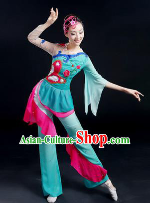 Traditional Chinese Yangge Fan Dancing Costume, Folk Dance Yangko Costume Drum Lotus Dance Blue Clothing for Women