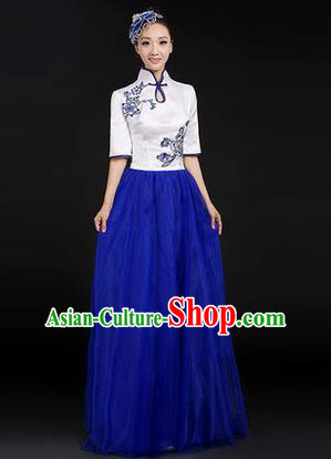 Traditional Chinese Modern Dancing Costume, Women Opening Classic Chorus Singing Group Dance Paillette Costume, Modern Dance Long Blue Mandarin Collar Dress for Women