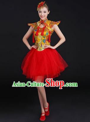 Traditional Chinese Modern Dancing Costume, Women Opening Dance Costume, Modern Dance Purple Mandarin Collar Bubble Dress for Women