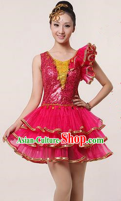 Traditional Chinese Modern Dancing Costume, Women Opening Classic Stage Performance Chorus Singing Group Dance Paillette Costume, Modern Dance Rose Bubble Dress for Women