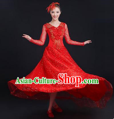 Traditional Chinese Modern Dancing Costume, Women Opening Classic Stage Performance Chorus Singing Group Dance Paillette Costume, Modern Dance Long Red Dress for Women