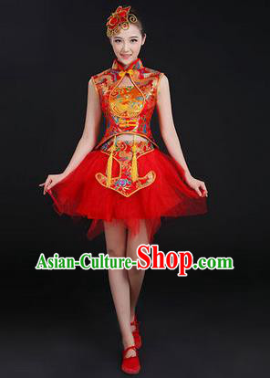 Traditional Chinese Modern Dancing Costume, Women Opening Classic Chorus Singing Group Dance Costume, Modern Dance Mandarin Collar Bubble Red Dress for Women