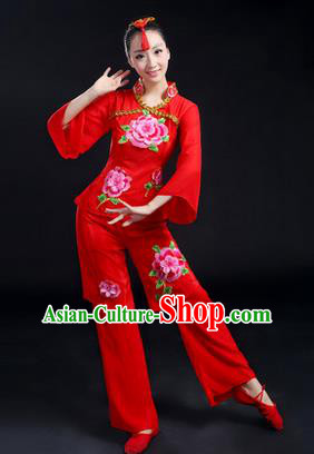 Traditional Chinese Yangge Fan Dancing Costume, Folk Dance Yangko Costume Drum Dance Red Peony Clothing for Women